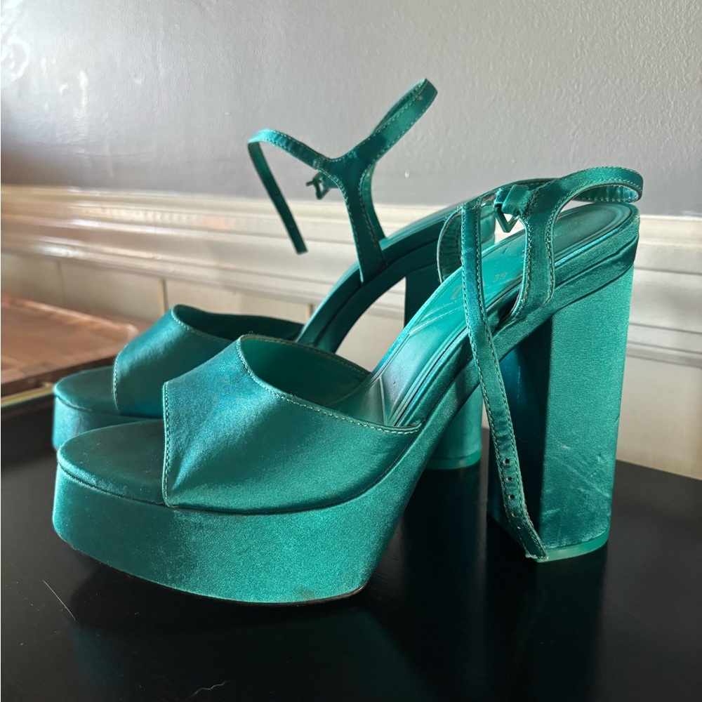 Zara Teal Satin Platform Heels